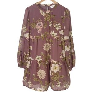 LOVE + HARMONY Mauve Floral Tiered Ruffle Mini Dress Medium Boho Peasant